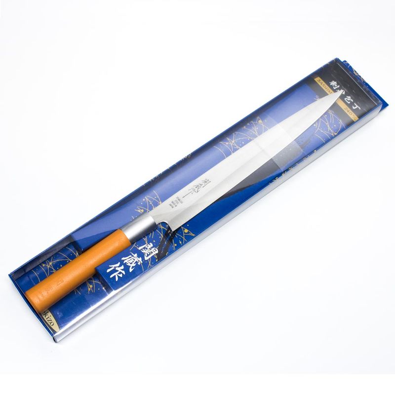 faca-para-sushi-e-sashimi-com-cabo-plastico-laranja-24cm-Sekizo-na-embalagem