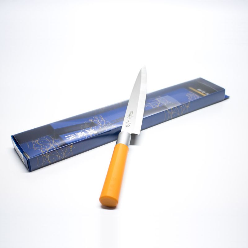 faca-para-sushi-e-sashimi-com-cabo-plastico-laranja-24cm-Sekizo-embalagem-e-conteudo
